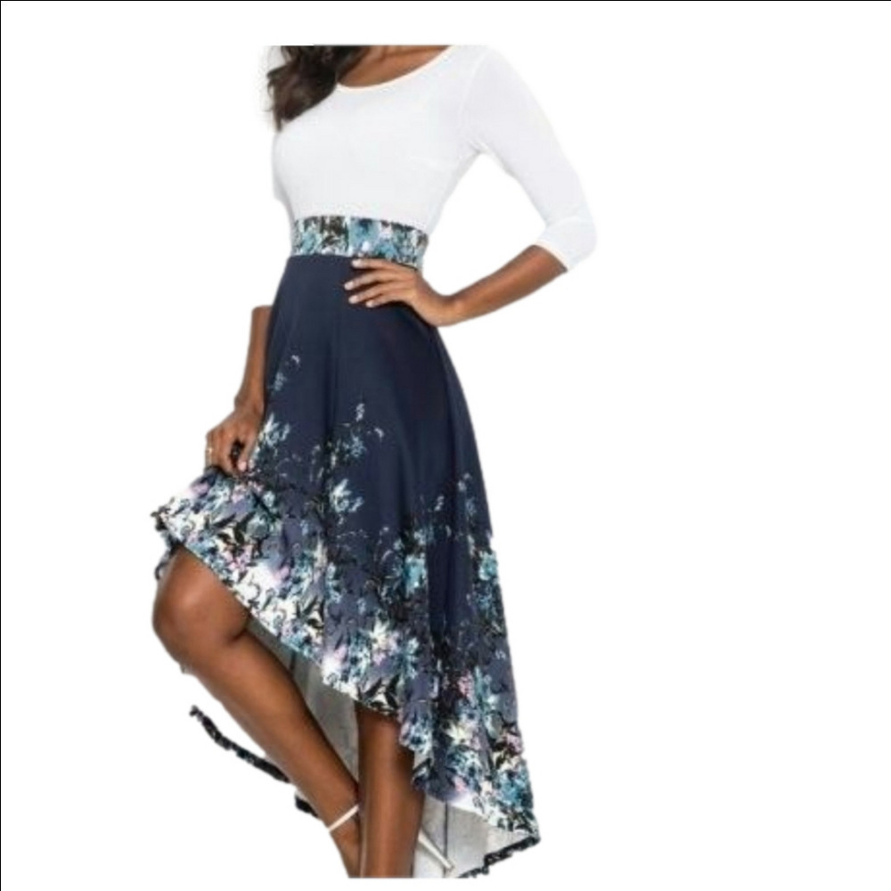 Venus Crew Neck 3/4 Sleeve Scoop Neckline High Low Floral Dress Size XL